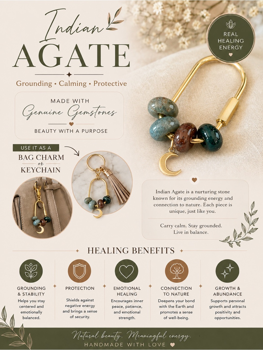 Indian Agate Gemstone Bag Charm Keychain